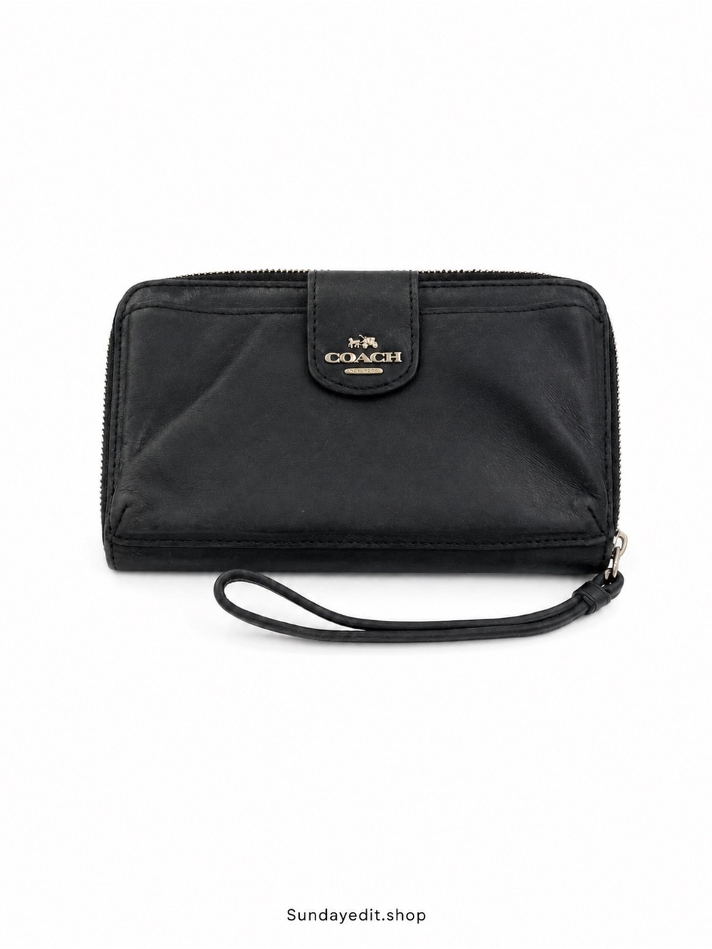 COACH Madison Black Leather Zip-Around Wristlet Phone Case